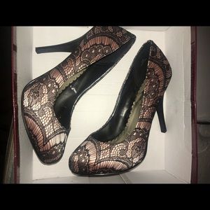 Pink black lace heels